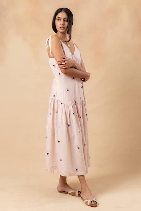 Buy_Doodlage_Pink Linen V-neck Printed Dress _Online_at_Aza_Fashions