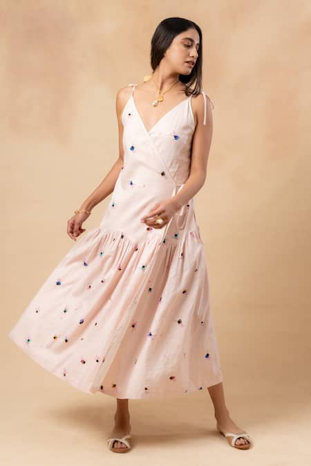 Shop_Doodlage_Pink Linen V-neck Printed Dress _Online_at_Aza_Fashions