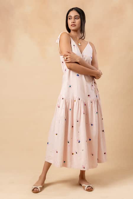 Doodlage_Pink Linen V-neck Printed Dress _at_Aza_Fashions