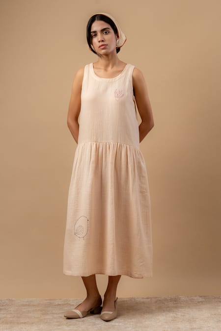 Doodlage Beige Cotton Embroidery Round Neck Organic Dress 