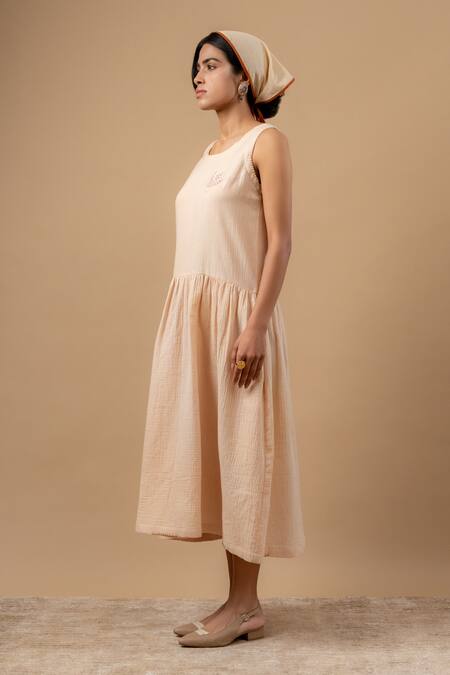Buy_Doodlage_Beige Cotton Embroidery Round Neck Organic Dress _Online_at_Aza_Fashions