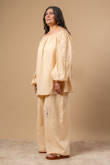 Doodlage_Beige Cotton Embroidery Off-shoulder Organic Top _Online_at_Aza_Fashions