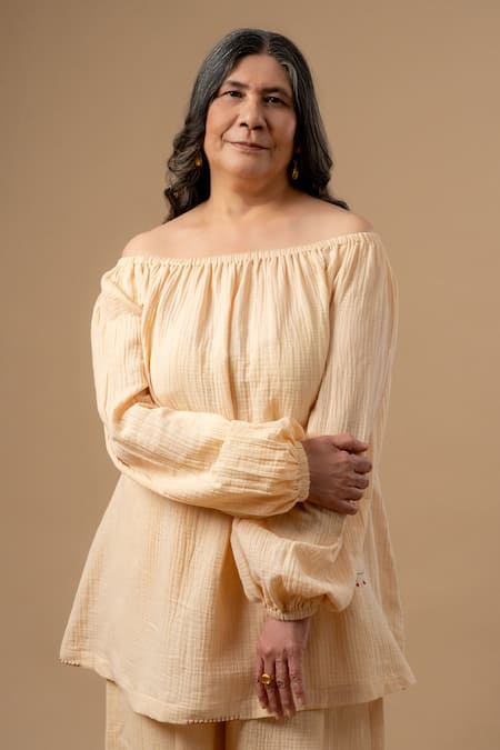 Doodlage Beige Cotton Embroidery Off-shoulder Organic Top 
