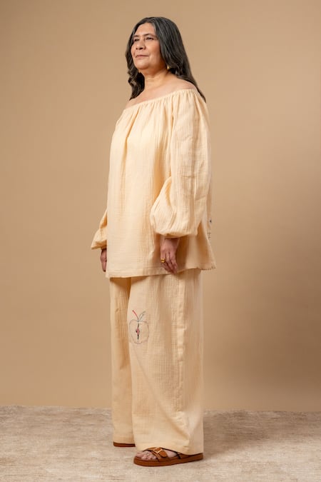 Doodlage Beige Cotton Embroidery Off-shoulder Organic Top And Pant Set