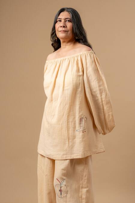 Doodlage_Beige Cotton Embroidery Off-shoulder Organic Top And Pant Set _Online_at_Aza_Fashions
