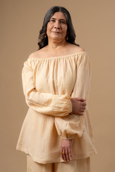 Buy_Doodlage_Beige Cotton Embroidery Off-shoulder Organic Top And Pant Set _Online_at_Aza_Fashions