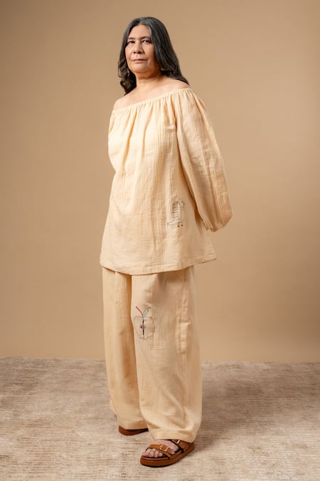 Shop_Doodlage_Beige Cotton Embroidery Off-shoulder Organic Top And Pant Set _Online_at_Aza_Fashions