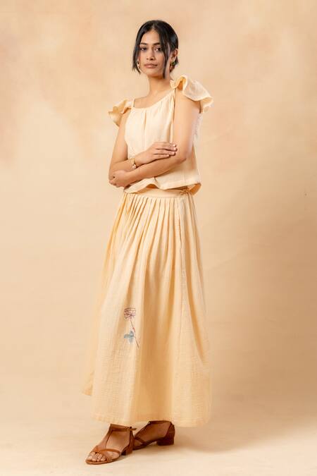 Doodlage_Beige Cotton Embroidery Organic Skirt _Online_at_Aza_Fashions