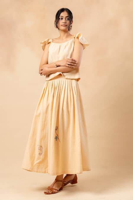 Shop_Doodlage_Beige Cotton Embroidery Organic Skirt _Online_at_Aza_Fashions