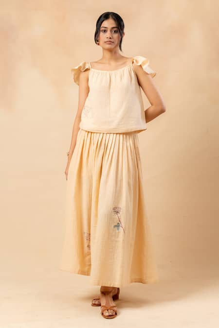Doodlage Beige Cotton Embroidery Square Neck Organic Crop Top And Skirt Set 