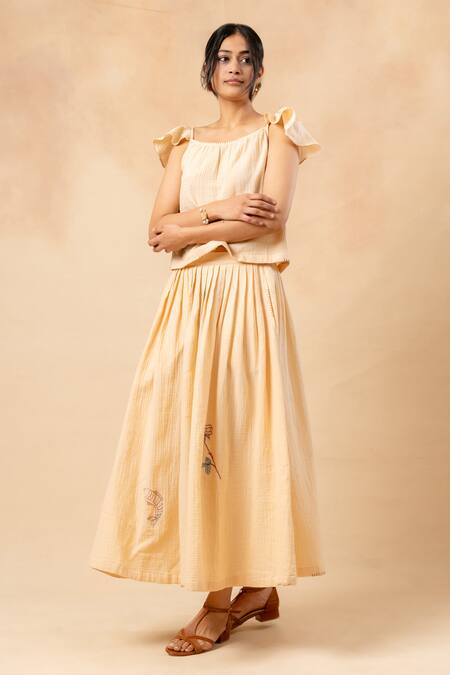 Doodlage_Beige Cotton Embroidery Square Neck Organic Crop Top And Skirt Set _Online_at_Aza_Fashions