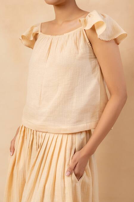 Buy_Doodlage_Beige Cotton Embroidery Square Neck Organic Crop Top And Skirt Set _Online_at_Aza_Fashions