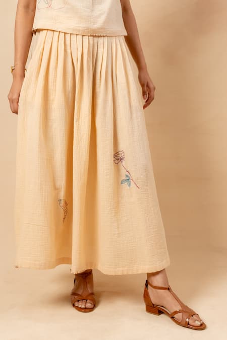 Shop_Doodlage_Beige Cotton Embroidery Square Neck Organic Crop Top And Skirt Set _Online_at_Aza_Fashions