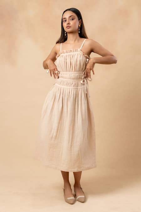 Doodlage_Beige Cotton Embroidery Square Neck Organic Dress _Online_at_Aza_Fashions