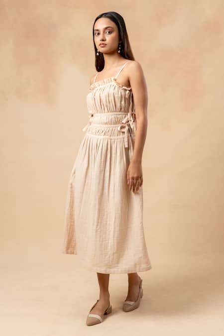 Buy_Doodlage_Beige Cotton Embroidery Square Neck Organic Dress _Online_at_Aza_Fashions