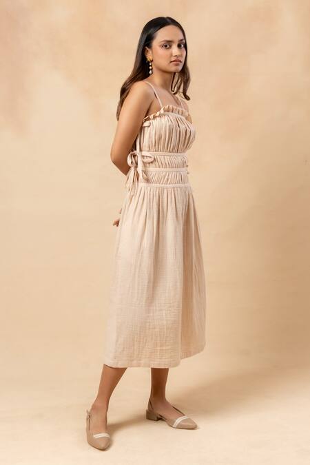 Shop_Doodlage_Beige Cotton Embroidery Square Neck Organic Dress _Online_at_Aza_Fashions