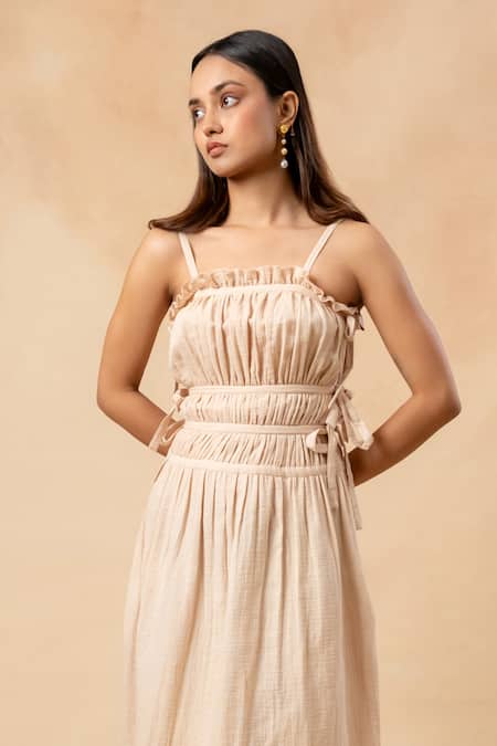 Doodlage_Beige Cotton Embroidery Square Neck Organic Dress _at_Aza_Fashions
