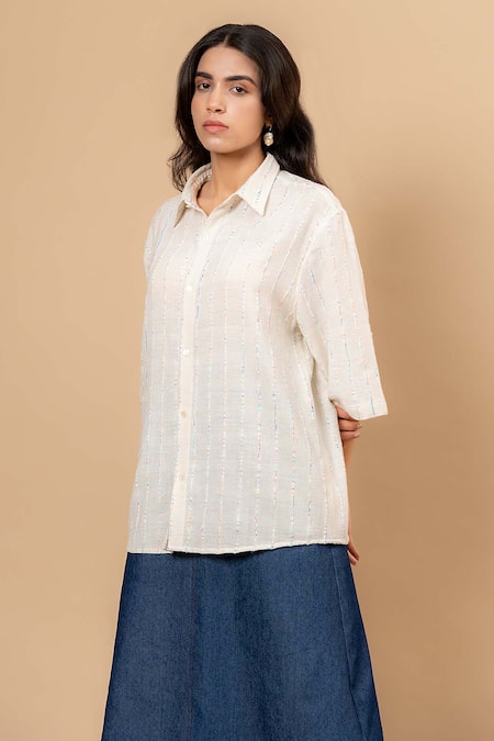 Doodlage Beige Embroidery Collared Handwoven Upcycled Fabric Shirt Online at Aza Fashions Doodlage_Beige Embroidery Collared Handwoven Upcycled Fabric Shirt _Online_at_Aza_Fashions