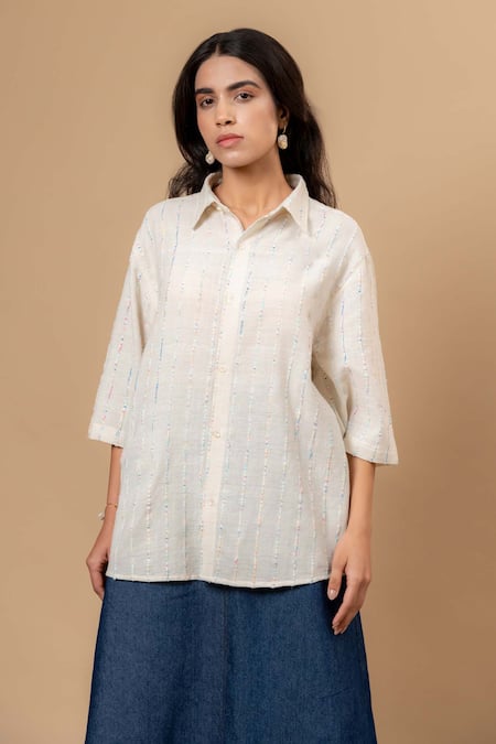 Buy Doodlage Beige Embroidery Collared Handwoven Upcycled Fabric Shirt Online at Aza Fashions Buy_Doodlage_Beige Embroidery Collared Handwoven Upcycled Fabric Shirt _Online_at_Aza_Fashions
