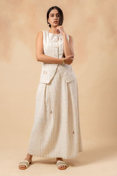 Doodlage_Beige Embroidery Round Neck Handwoven Jacket _Online_at_Aza_Fashions