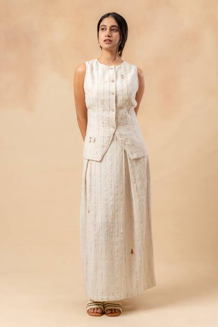 Shop_Doodlage_Beige Embroidery Round Neck Handwoven Jacket _Online_at_Aza_Fashions