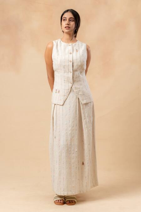 Shop_Doodlage_Beige Embroidery Handwoven Upcycled Skirt _Online_at_Aza_Fashions