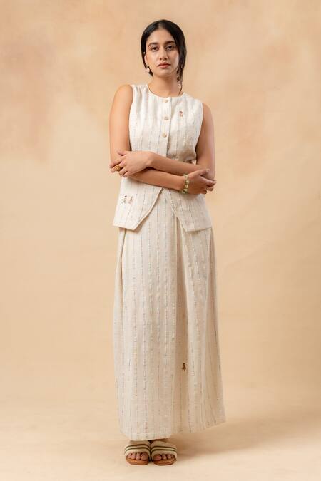 Doodlage_Beige Embroidery Handwoven Upcycled Skirt _at_Aza_Fashions