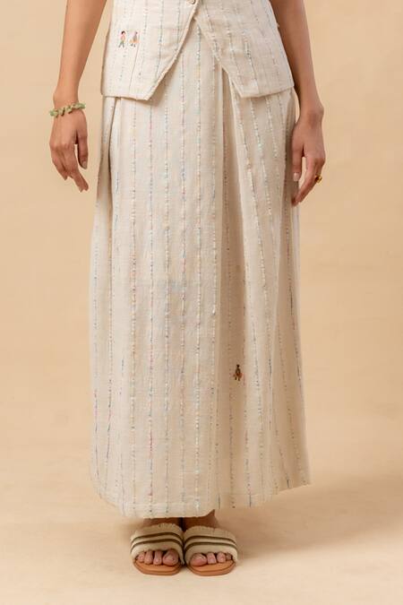 Buy_Doodlage_Beige Embroidery Handwoven Upcycled Skirt 