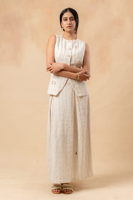 Doodlage Beige Embroidery Handwoven Upcycled Skirt