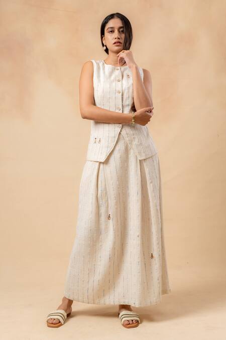 Doodlage_Beige Embroidery Round Neck Handwoven Waistcoat And Skirt Set _Online_at_Aza_Fashions