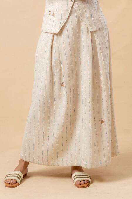 Shop_Doodlage_Beige Embroidery Round Neck Handwoven Waistcoat And Skirt Set _Online_at_Aza_Fashions