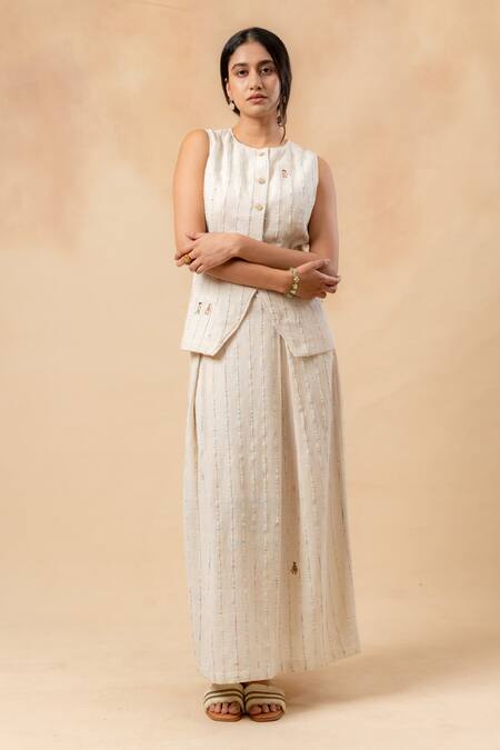 Doodlage_Beige Embroidery Round Neck Handwoven Waistcoat And Skirt Set _at_Aza_Fashions
