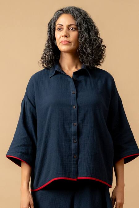 Doodlage_Blue Cotton Collared Organic Shirt And Skirt Set _Online_at_Aza_Fashions