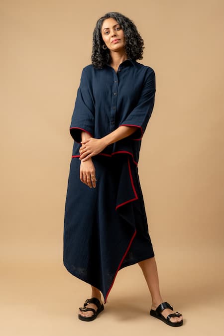 Shop_Doodlage_Blue Cotton Collared Organic Shirt And Skirt Set _Online_at_Aza_Fashions