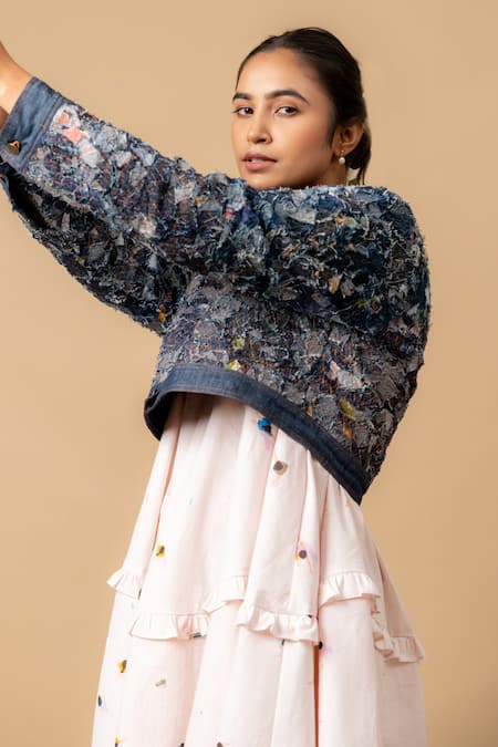 Doodlage_Blue Patchwork Round Neck Embroidered Utility Jacket _Online_at_Aza_Fashions