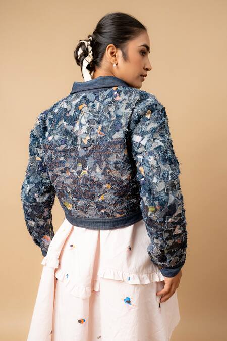 Buy_Doodlage_Blue Patchwork Round Neck Embroidered Utility Jacket _Online_at_Aza_Fashions