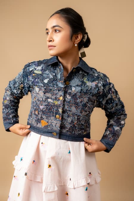 Doodlage Blue Patchwork Round Neck Embroidered Utility Jacket 