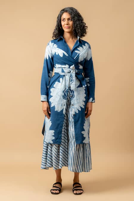 Doodlage_Blue Cotton Collared Floral Print Wrap Dress _Online_at_Aza_Fashions