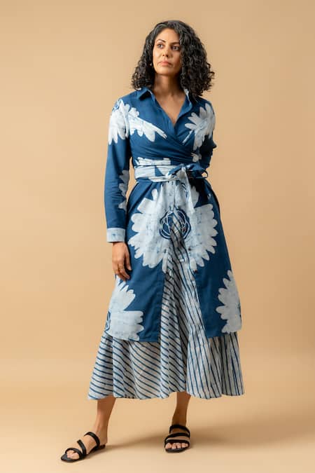 Buy_Doodlage_Blue Cotton Collared Floral Print Wrap Dress 