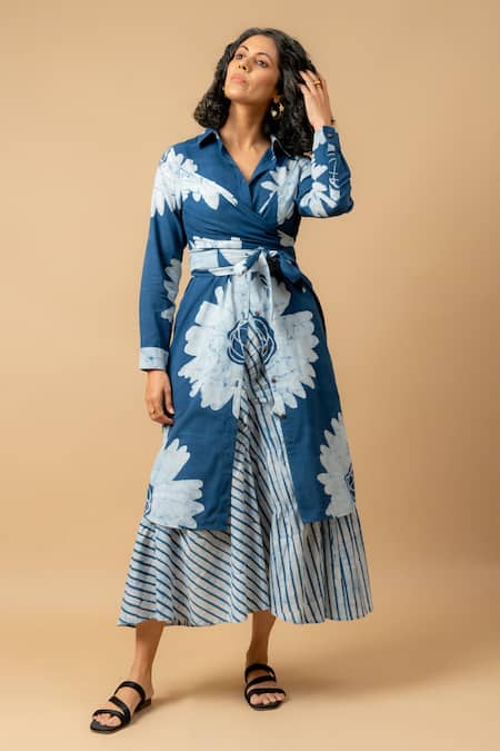 Doodlage Blue Cotton Collared Floral Print Wrap Dress 