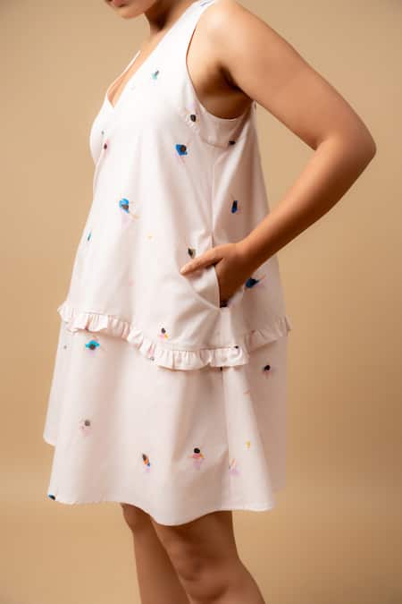 Doodlage_Pink Linen Embroidery V-neck Dress _Online_at_Aza_Fashions