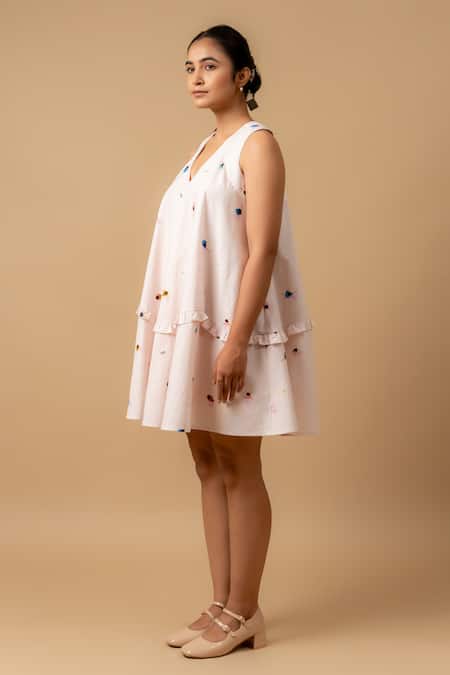 Buy_Doodlage_Pink Linen Embroidery V-neck Dress _Online_at_Aza_Fashions
