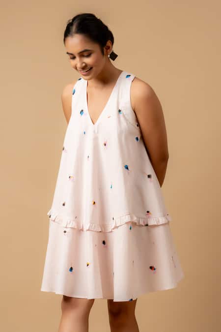 Shop_Doodlage_Pink Linen Embroidery V-neck Dress _Online_at_Aza_Fashions