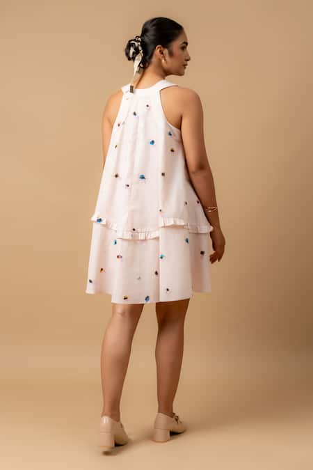 Doodlage Pink Linen Embroidered Dress 