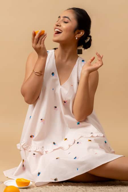 Doodlage_Pink Linen Embroidery V-neck Dress _at_Aza_Fashions