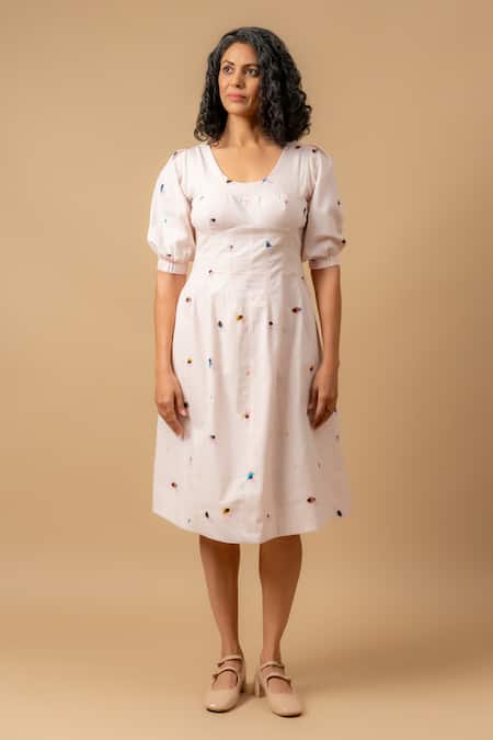 Doodlage_Pink Linen Embroidery Square Neck Dress _Online_at_Aza_Fashions