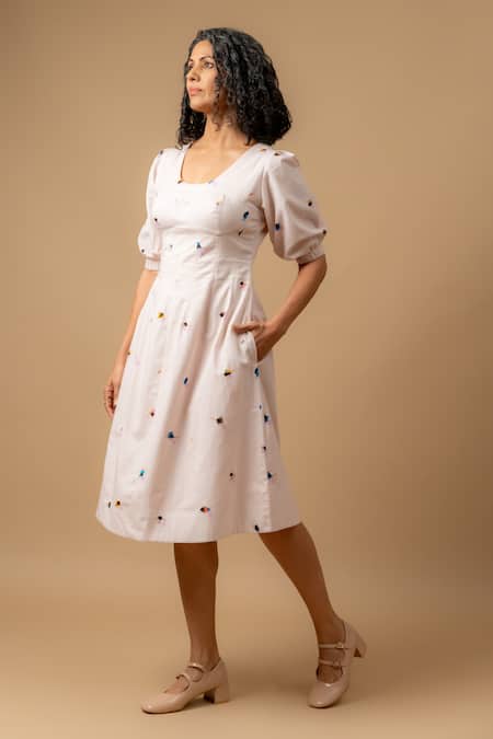 Buy_Doodlage_Pink Linen Embroidery Square Neck Dress _Online_at_Aza_Fashions