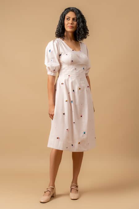 Shop_Doodlage_Pink Linen Embroidery Square Neck Dress _Online_at_Aza_Fashions