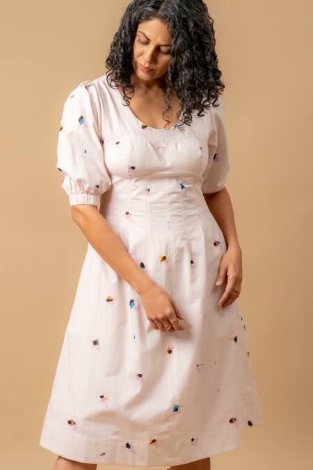 Doodlage_Pink Linen Embroidery Square Neck Dress _at_Aza_Fashions