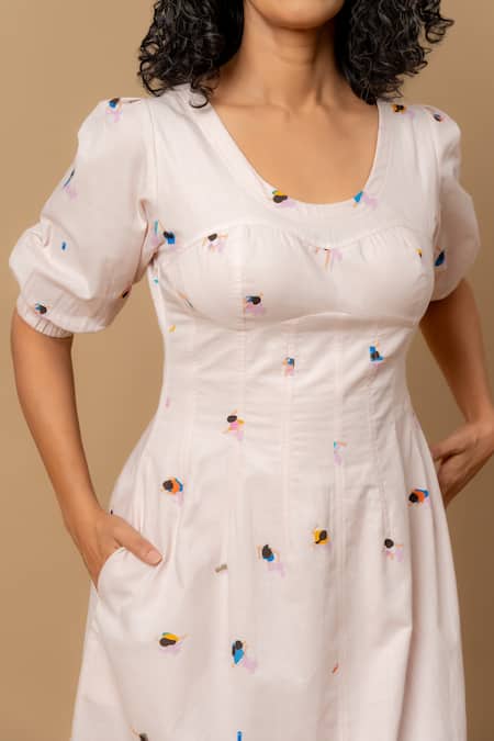 Buy_Doodlage_Pink Linen Embroidery Square Neck Dress 